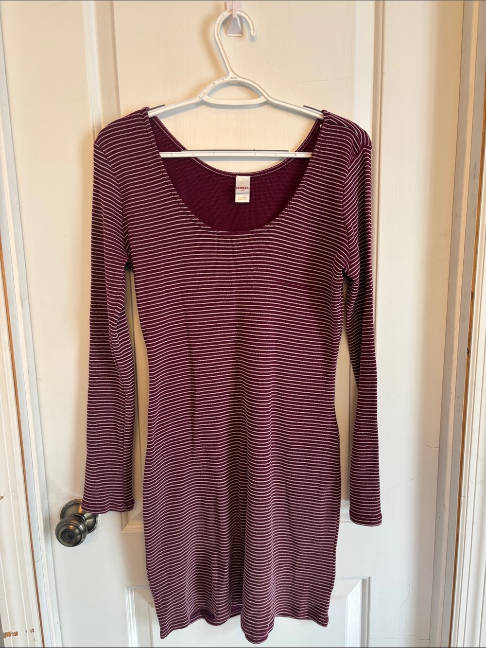 BONGO Burgundy and White Striped Long-Sleeve Scoop Neck Dress